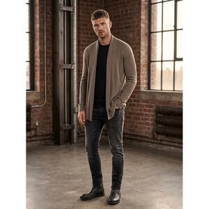 AllSaints Mode Merino Open Cardigan Mens Large Taupe Brown Wool Knit Sweater